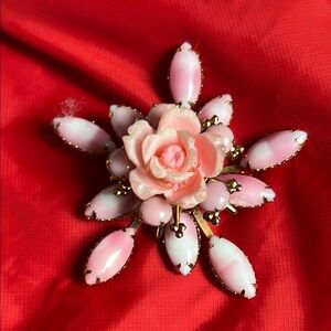 Gold & Pink Floral Brooch w. Detailed Rose Design shell custom one of a kind